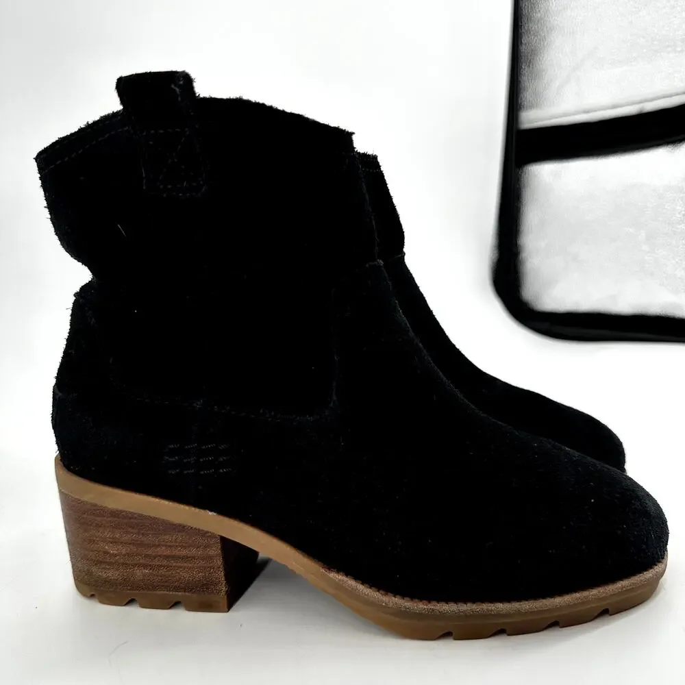 Sorel Cate Pull On Waterproof Suede Rain Ankle Boots Booties Block Heel Black 6